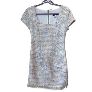 Vintage 90s Tweed Mini Dress Size 5/6 Pastel Bouclé Zip Back Short Sleeve